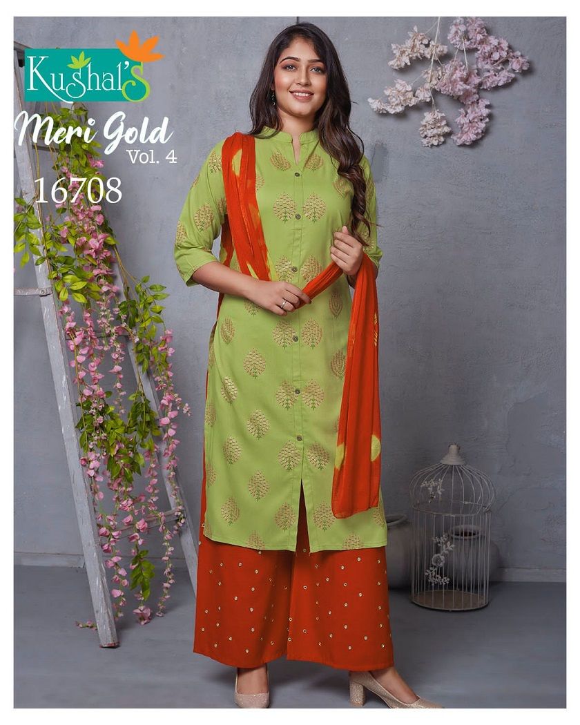 Kushal Meri Gold 4 Kurti With Plazzo And Dupatta Rayon Readymade Dress Collection
